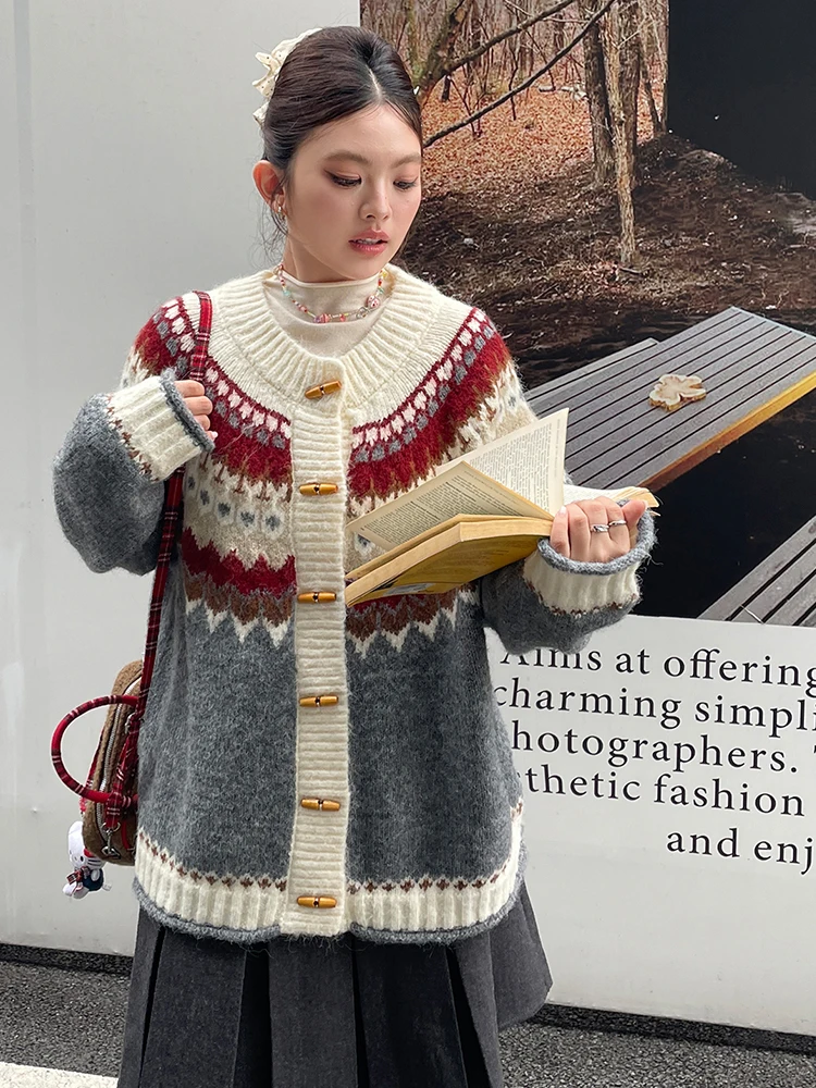 

Зимний утепленный кардиган Fair Isle 2025 года, женский, большого размера, винтажный, в стиле Lazy, класса люкс, на пуговицах, удобный, свободного кроя