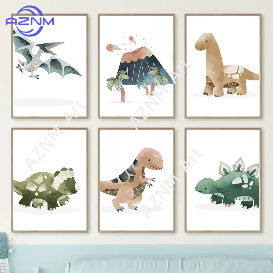 1/6 Stück Tier-Dinosaurier-Vulkan Kinderzimmer Wandkunst Wandbild Leinwanddruck Poster Wandbilder Baby Kinderzimmer Heimdekoration