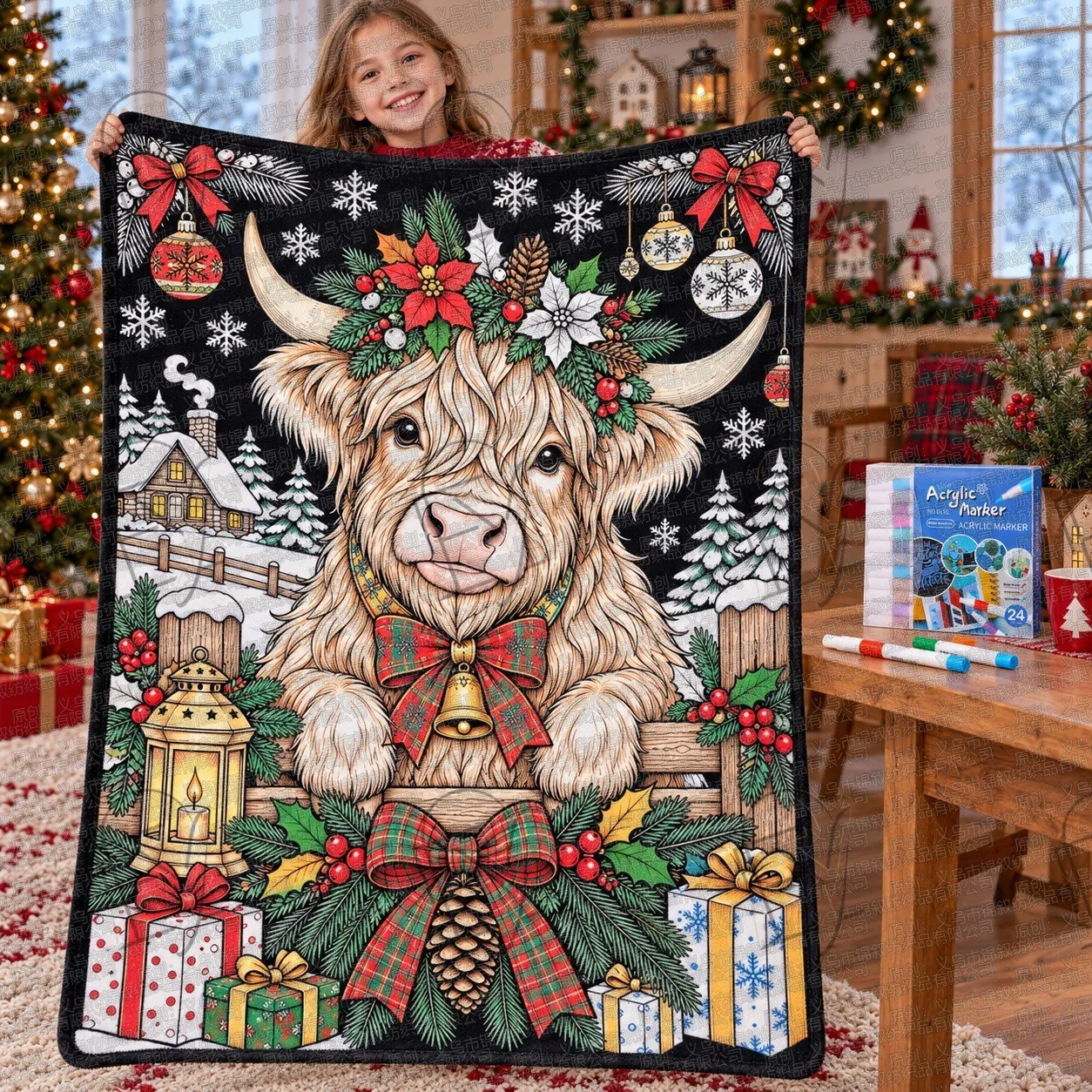 Blanket Markers Set Farmhouse Christmas White Horse Cattle Barn Scene Unfinished Fleece Throw Coloring Kit