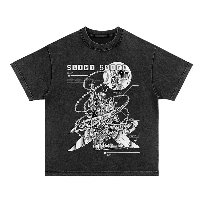 

2025 American-style Washed Heavy Loose Retro Distressed Saint Seiya Anime Short-sleeved Pure Cotton T-shirt for Men