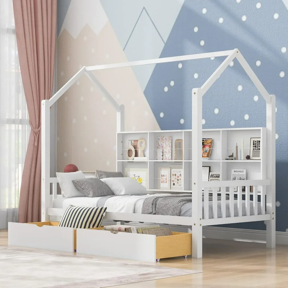 Cama doble para casa, estructura de cama infantil de madera con cajones y estructura para techo de casa, cama doble para niños con estante de almacenamiento y soporte de listones