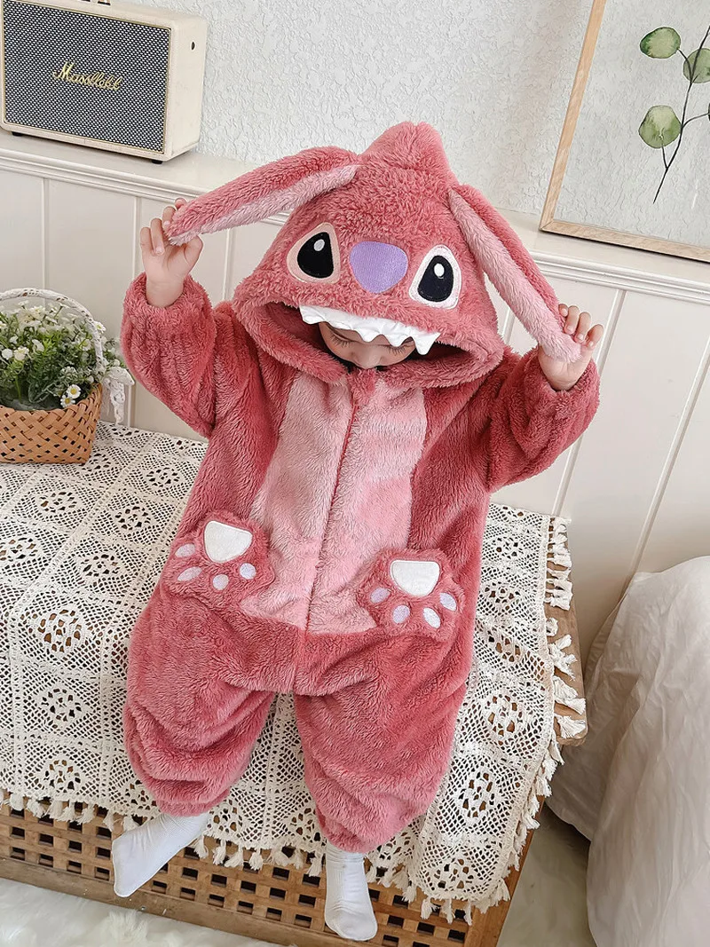 Miniso Anime Zipper Design Stitch Cartoon Male And Female Onesies One-piece Pajamas Warm Soft Thicken Nightgown