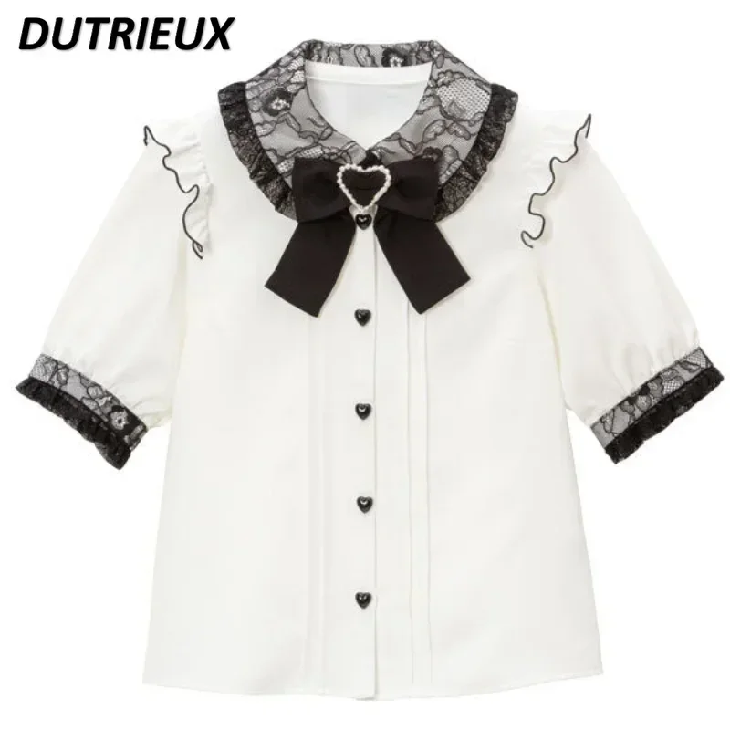 Lolita Clothes Girls Sweet Bow Lace Solid Color Blouse 2025 Spring Summer Cute Woman Japanese Style Tops Rojita Shirts