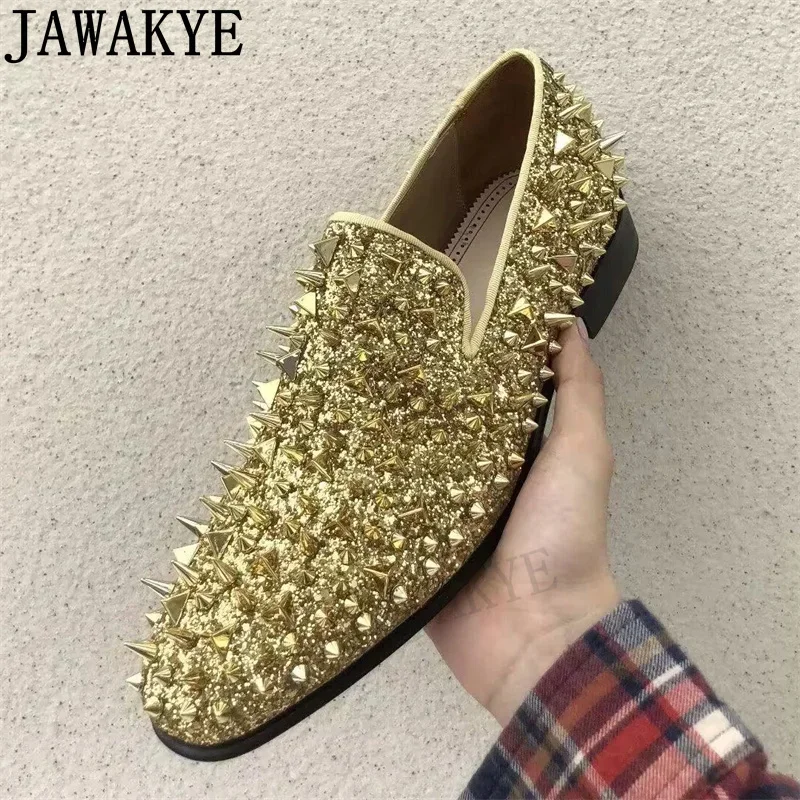 Jakakye-zapatos planos clásicos con remaches brillantes para hombre, mocasines sin cordones de punta redonda, coloridos, moda semanal