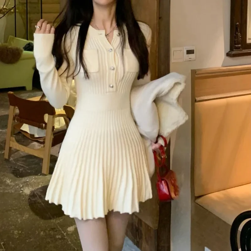 2024 New Round Neck Knitted Sweater Dress Long Sleeve Dress Slim Waist Vestidos Autumn and Winter Pleated Dress for Women