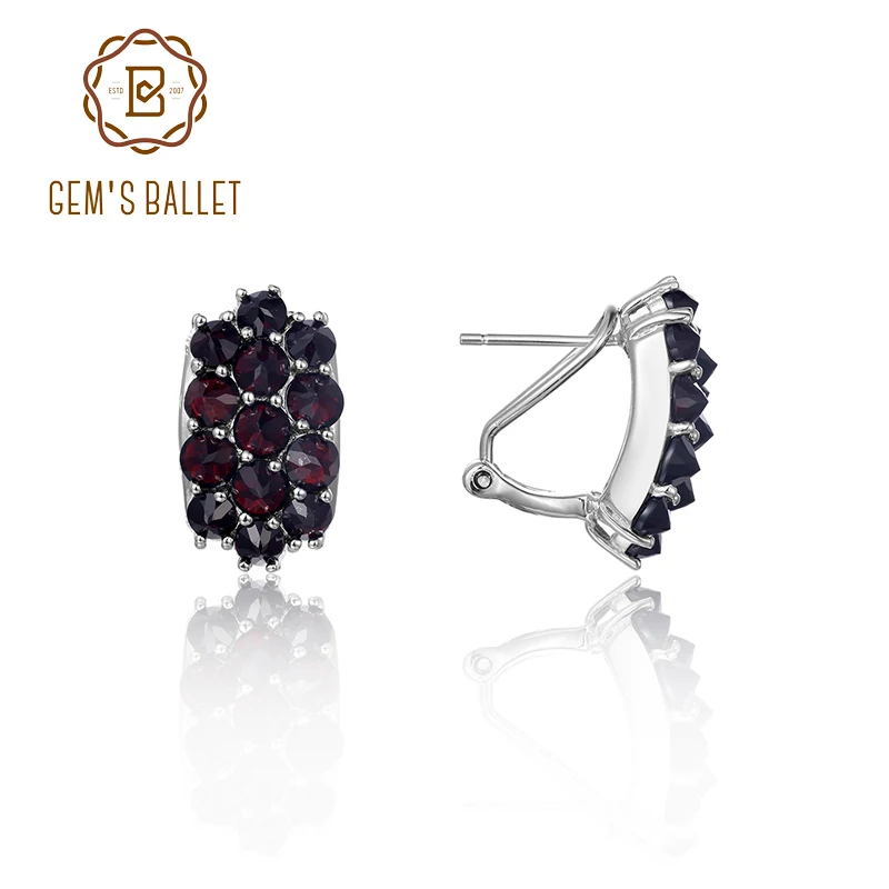 

GEM'S BALLET Round Black Garnet Gemstone Omega Clip Earrings in 925 Sterling Silver January Birthstone Garnet Jewelry For Women