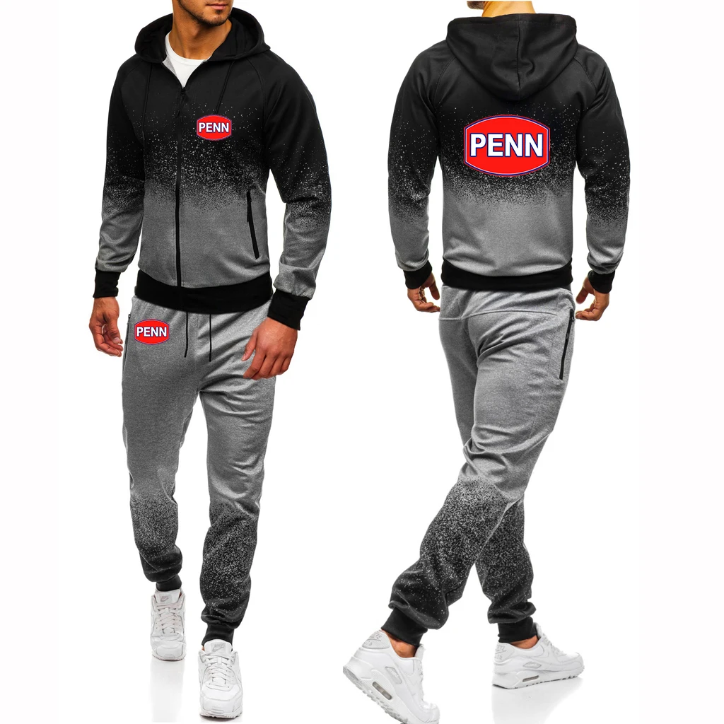 

2024 Spring Autumn Mens Penn Fishing Reel Logo Print Sports Gradient Color Set Casual Harajuku Hooded Sweatshirt+Sweatpants Suit