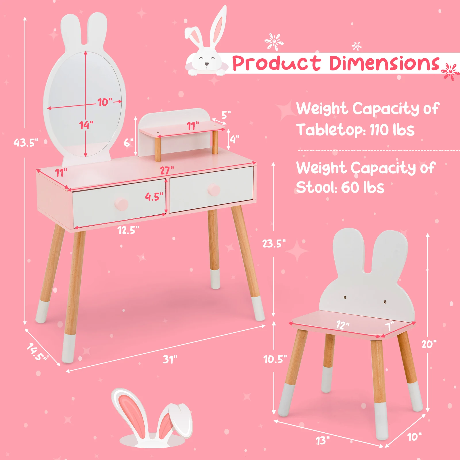 Kid Vanity Set Makeup Table Stool with Drawer Shelf Wood Leg Rabbit Mirror White