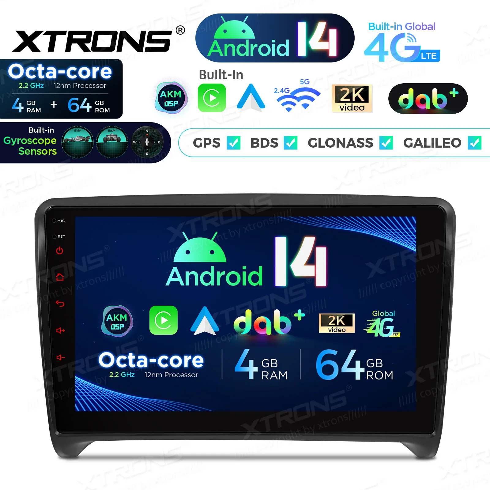 XTRONS 9' Android 14 multimediasysteem voor in de auto, met draadloze CarPlay, Android Auto en GPS-navigatie, 8-core processor, geschikt voor Audi TT MK2 8J, bouwjaar 2006-2012.