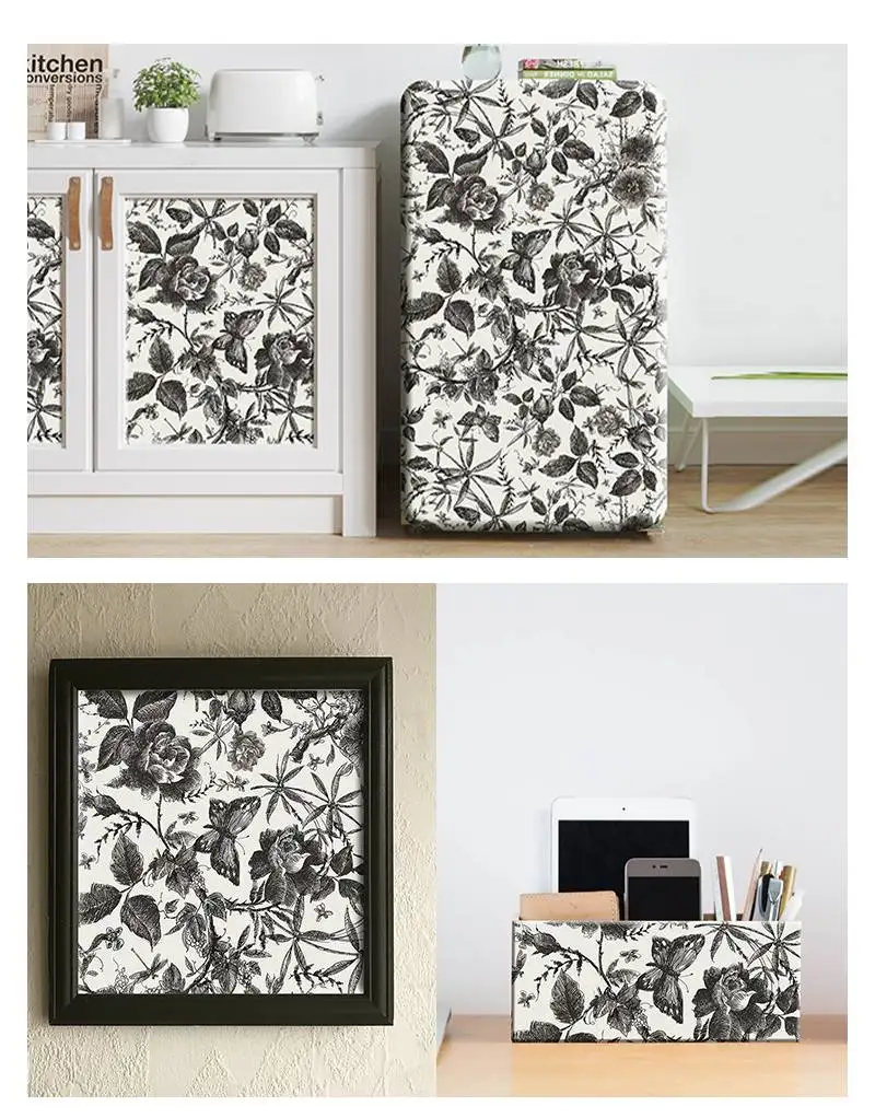 Ink Rose Self Adhesive Wallpaper Black Watercolor Floral Removable Peel and Stick Wallpaper for Bedroom Cabinet Wall Decorations