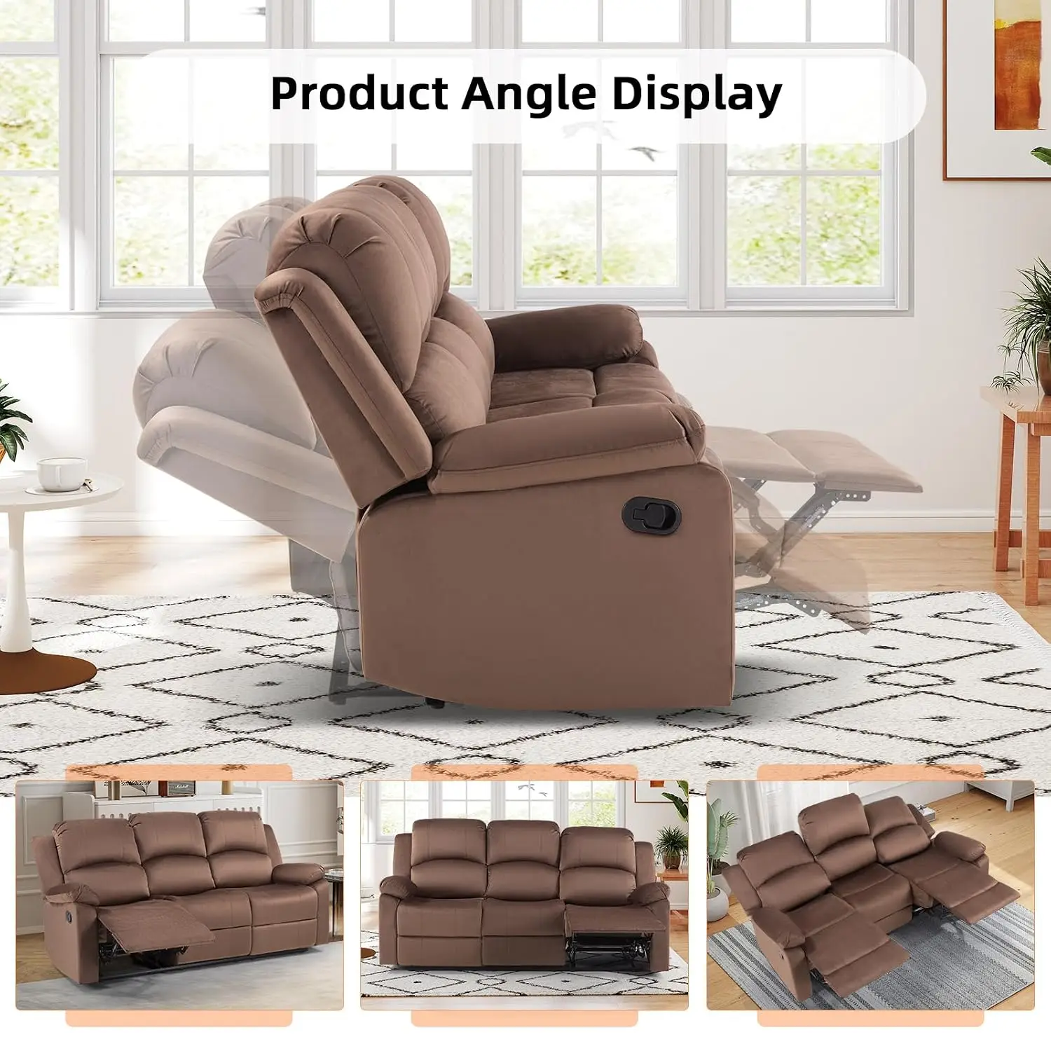 Manual 3-Seat Fabric Overstuffed Recliner Sofa for Living Room with Heavy Duty Safety Mechanism, Customized