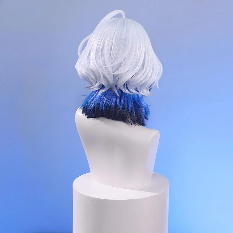 Jogo wuthering ondas galbrenr peruca cosplay prateado cinza azul curto cabelo encaracolado resistente ao calor perucas sintéticas adereços de halloween