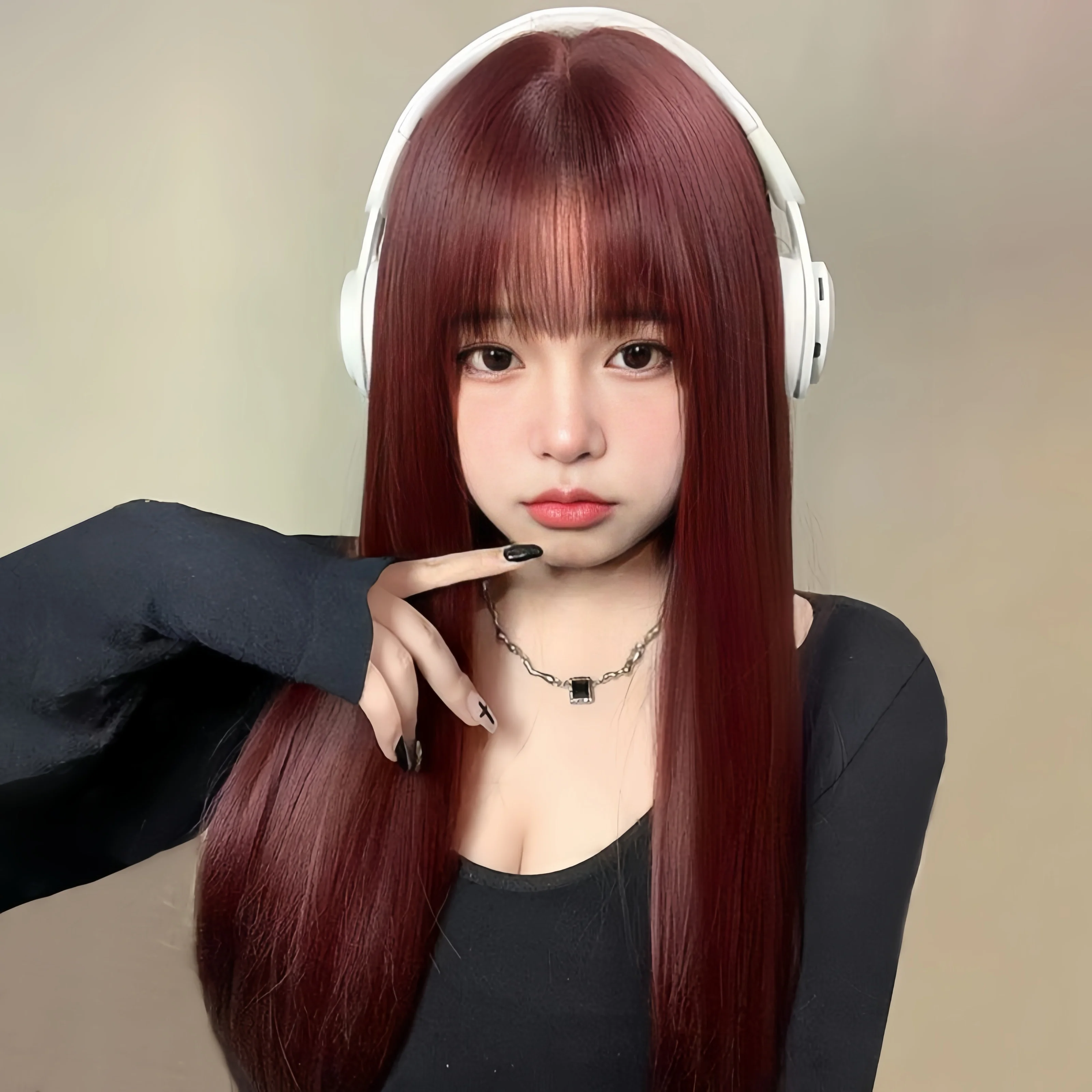 Wig female wine red long straight hair comic fringe temperament repair face synthetic fiber high temperature silk wig head cover