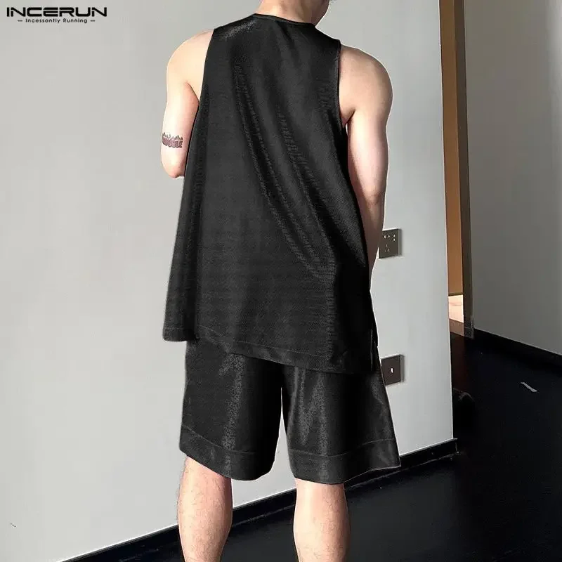 INCERUN Men's Sets Shiny Solid O-neck Sleeveless Tank Tops Shorts Two Piece Sets Streetwear 2026 Fashion Men Matching Sets S-5XL - view 4