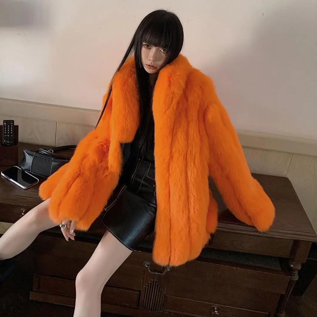 Luxe Vrouwen Natuurlijke Echte Vossenbontjas Wintermode Elegante Oranje Echt Bont Warme Dikke Overjas