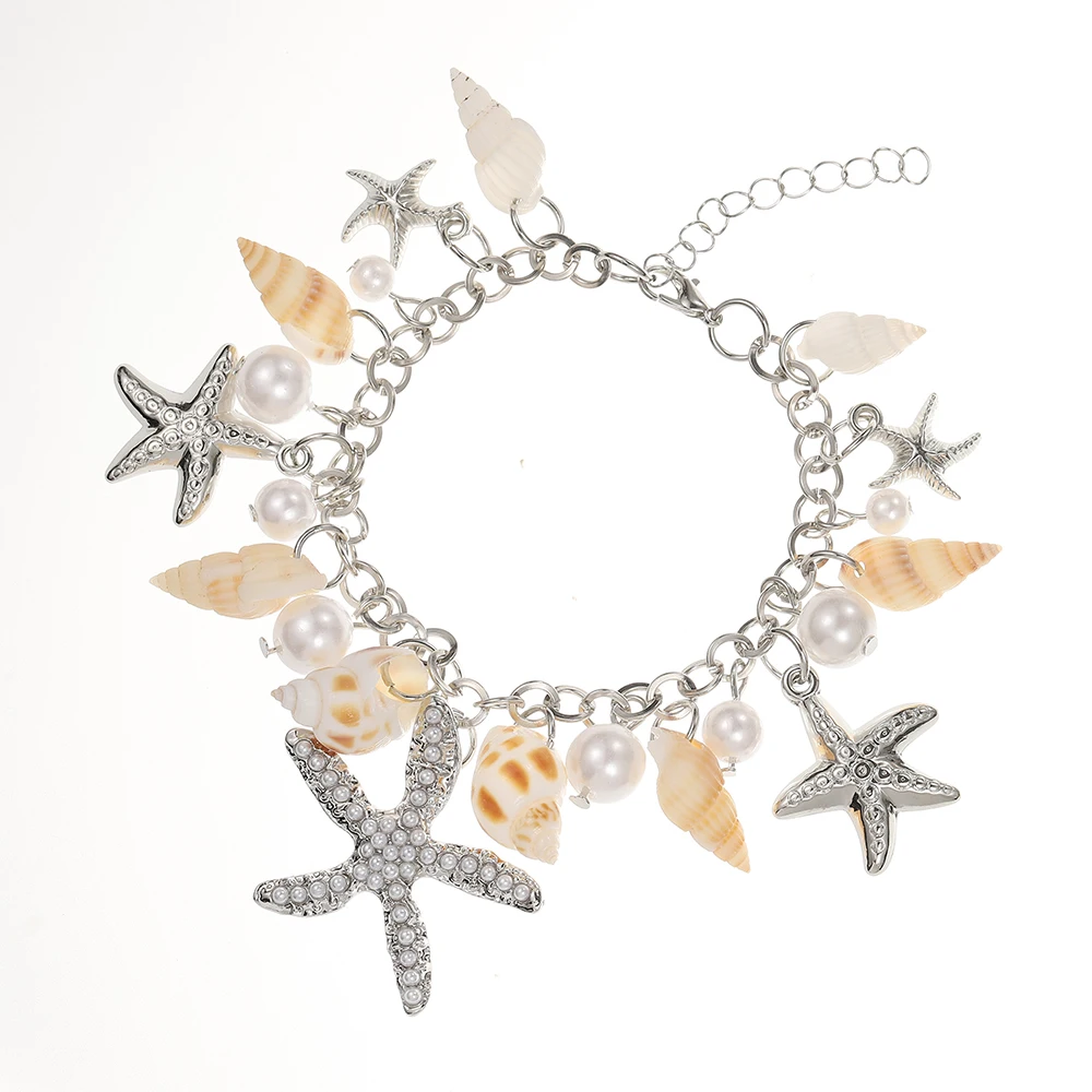 Heißes Armband mit Meeresmotiv für Damen, Seestern-Muschel-Anhänger mit Simulationsperle, Verstellbares Armband, Schmuckgeschenk für die Freundin – Detail 7