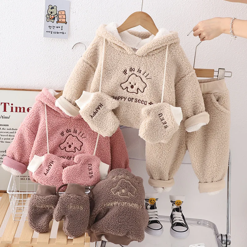 

Girls Velvet Clothes Sets Winter Children Cotton Thick Coat Hoodies Pants Gloves 3pcs Tracksuits For Baby Boys Warm Suit Kids 5Y