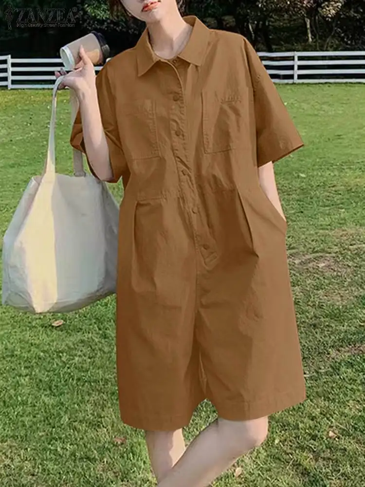 

ZANZEA Casual Solid Short Jumpsuits Korean Fashion Work Wear Loose Summer Rompers Turn-Down Collar Short Sleeve Women Overalls