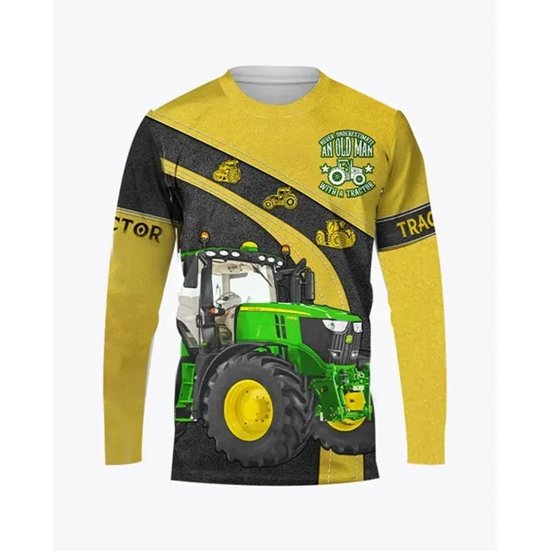3D Print Farm Tractor Pattern Autumn Men\'s O-Neck Casual Long Sleeve T-shirt Oversized Pullover Fashion Streetwear Men Clothing