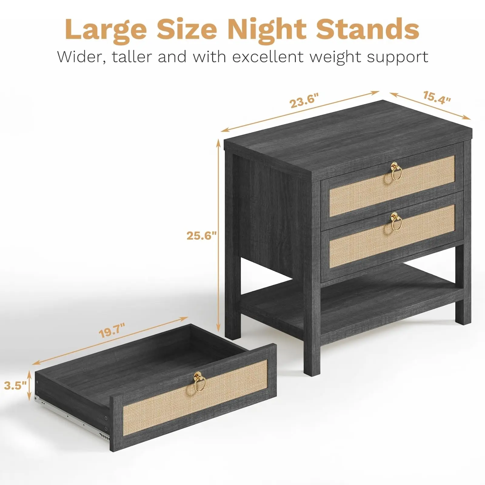 Large Rattan Night Stand Set of 2 with 2 Drawers and Storage Shelf