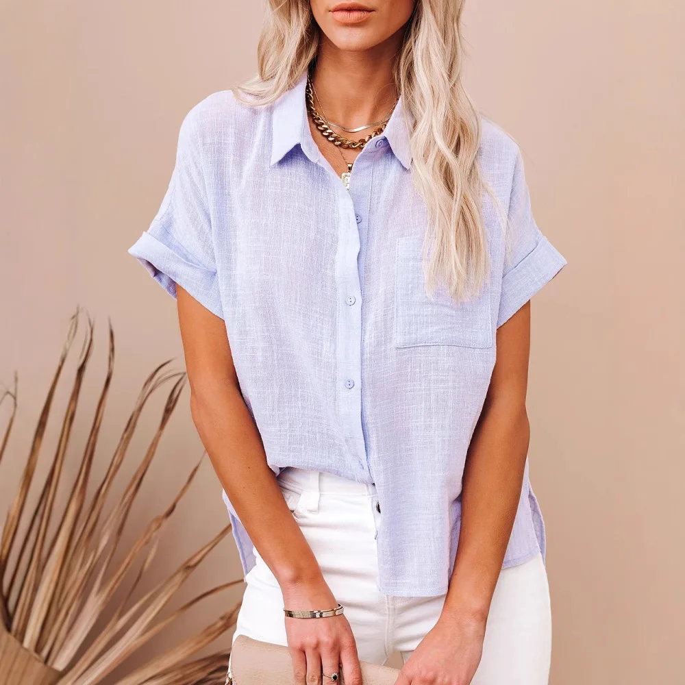 2025 Camicia estiva a maniche corte con tasca Bottoni da donna Casual in cotone e lino Comodo Top Femme Donna Top e camicette Camicie