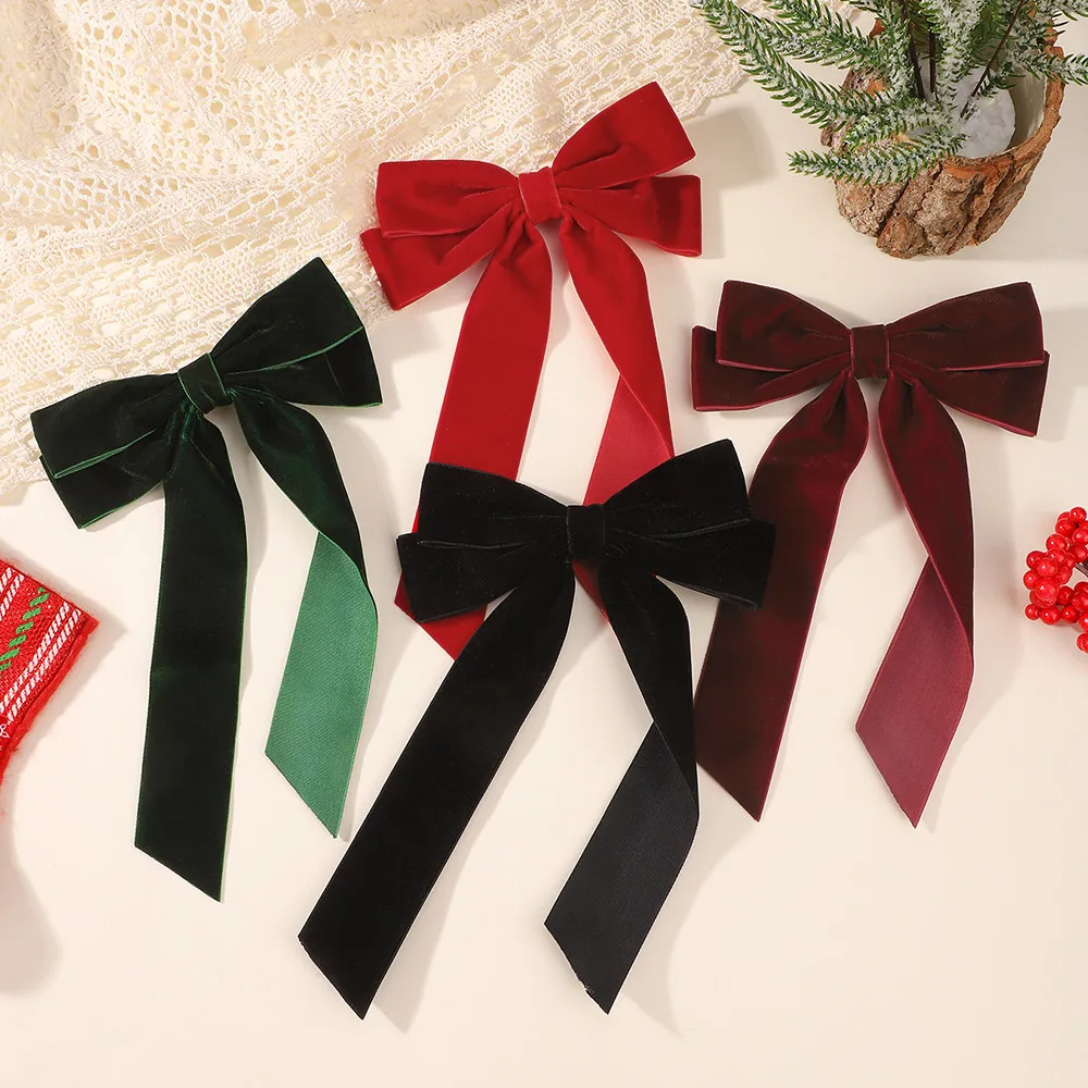 1PC Velvet Long Tail Bow Hair Clips Christmas Solid Color Big Bow Barrettes for Women Girls Party Holiday Hair Accessories