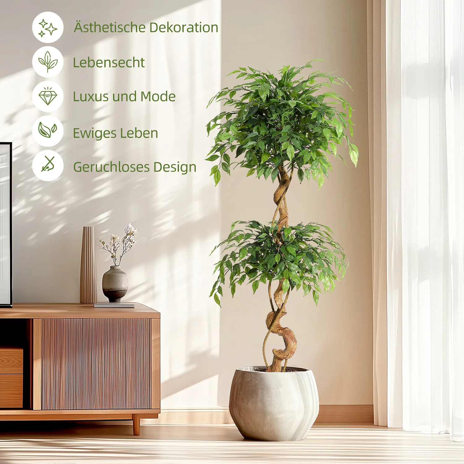Realistischer künstlicher Ficusbaum mit gebogenem Stamm, lebensechte Kunstseidenpflanze im weißen Topf, dekoratives Innengrün für Zuhause und Büro. – Detail 7