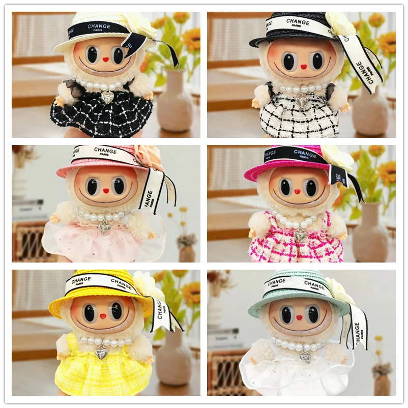 

17cm Mini Doll'S Clothes Outfit Accessories Labubu Clothes V1 V2 Straw Hat Skirt Set Dress Hat Set Vinyl doll clothing