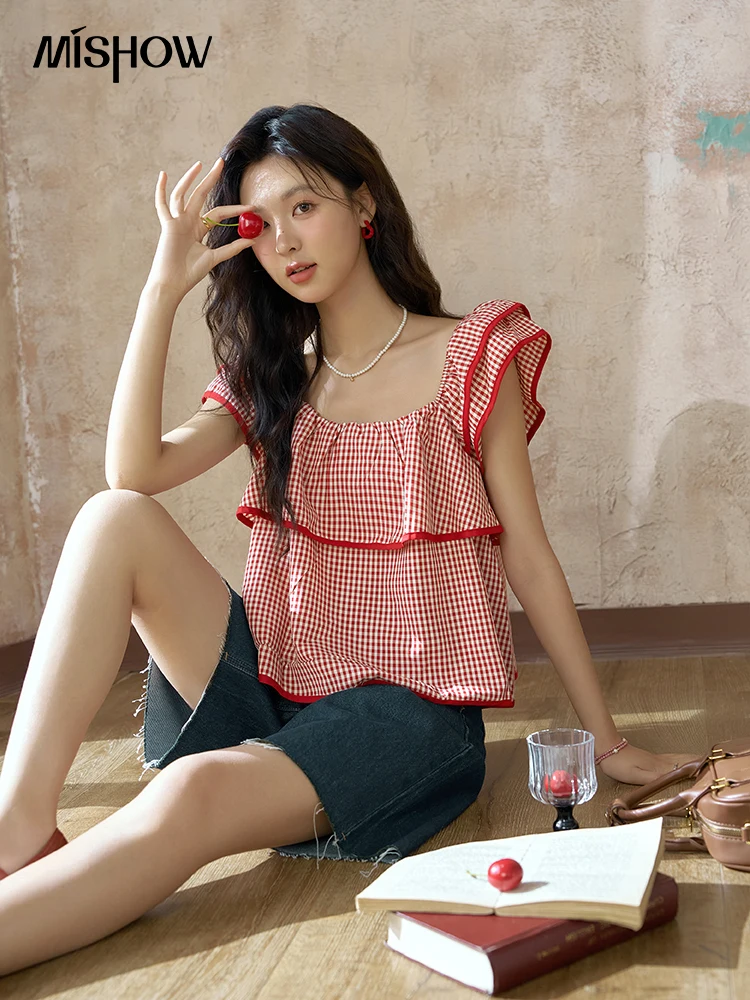 MISHOW Square Neck Plaid Blouses Women 2024 Summer Loose Doll Shirt Flying Sleeve Edge Contrasting Color Short Tops MXD25X1525