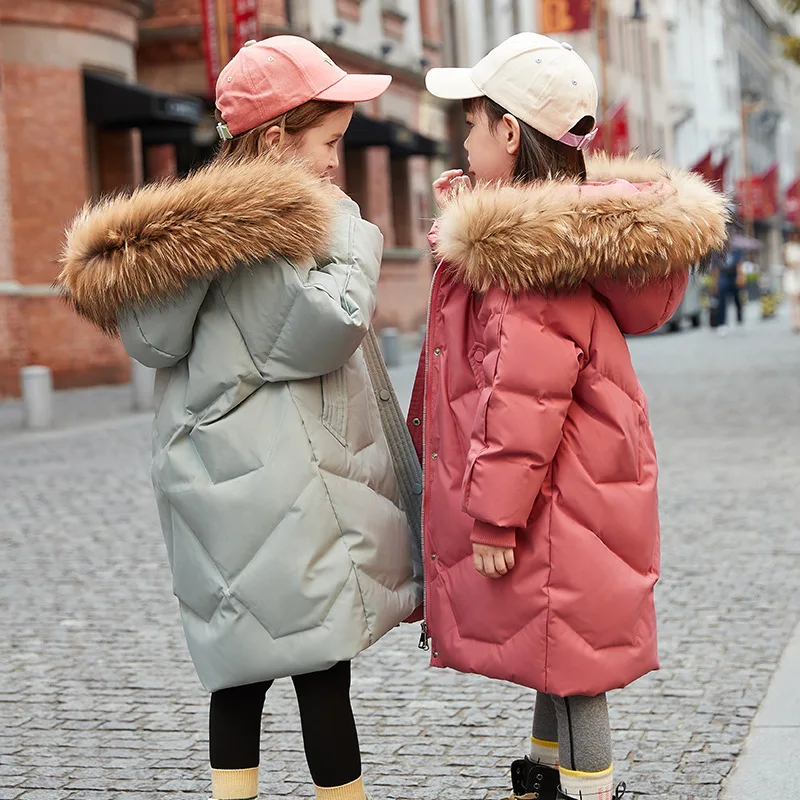 

2024 Russia Winter Down Jacket For Girl Real Fur Thick Warm Hooded Long Children Teenage Girl Outwear Coat 5-14 Years Kids Parka