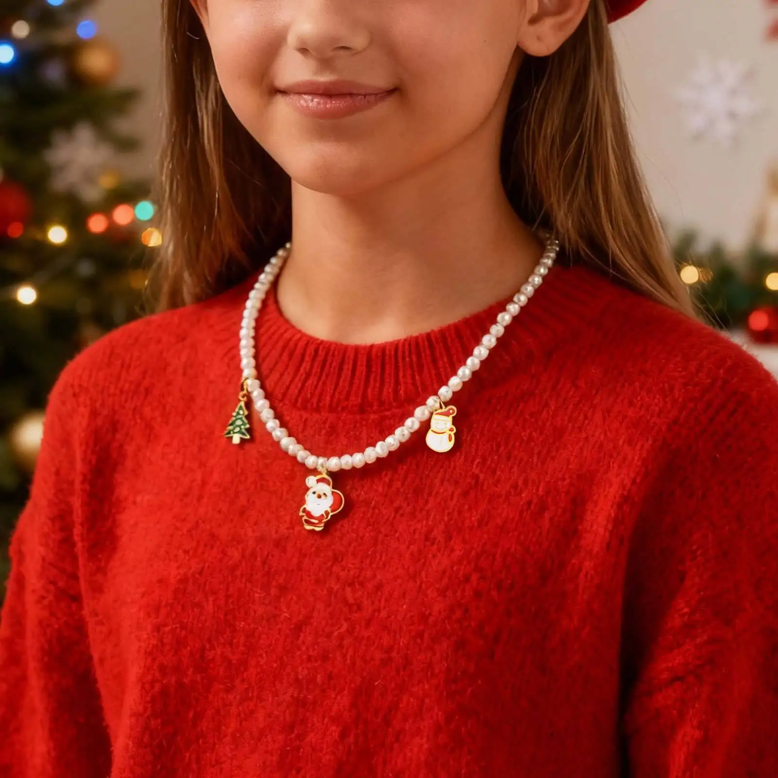 

Santa Claus Christmas Tree Snowman Premium Pearl Beaded Necklace Gold, Stainless Steel Vintage Wind Jewelry Christmas Gift