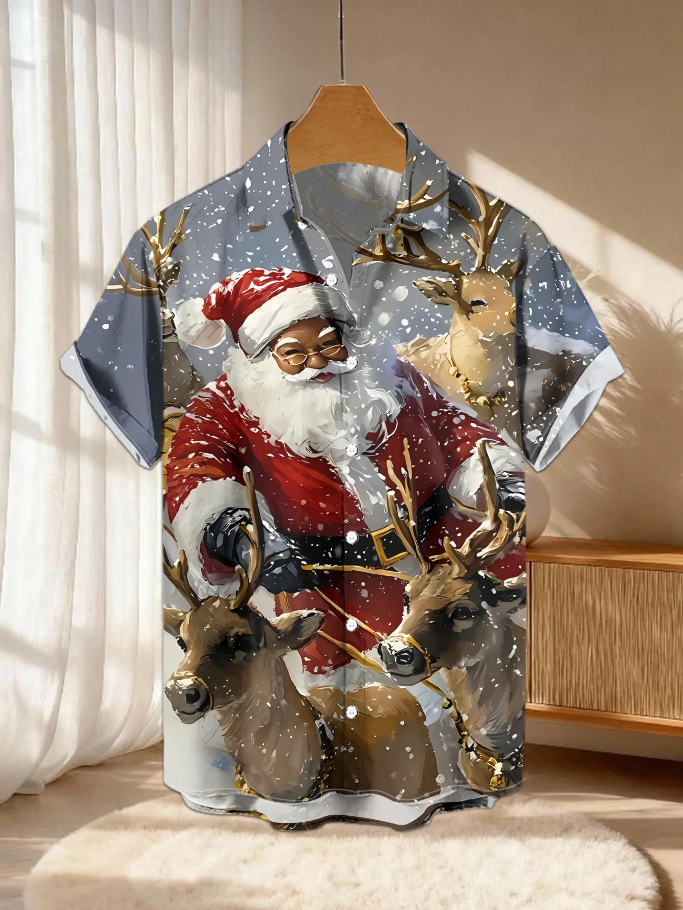 Men Short Sleeve Shirt Christmas Santa Reindeer Print Lapel Casual Holiday Party Button Down Tops Men's Clothing