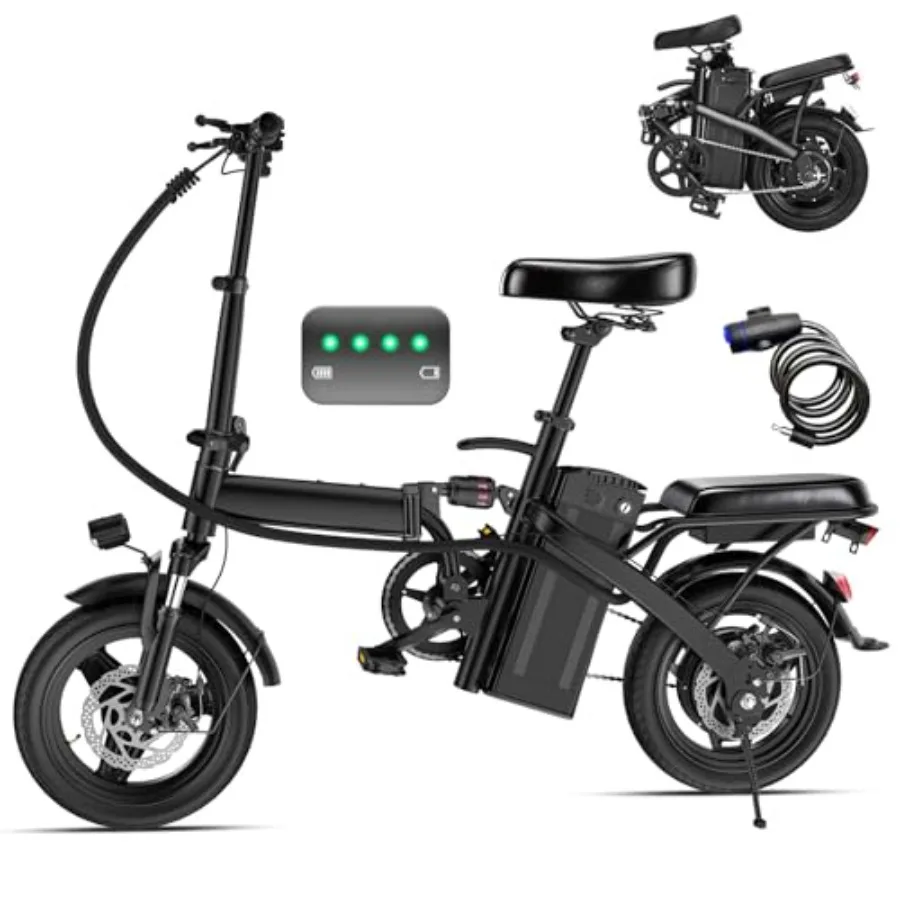 Commuter city folding e-bike for adults and teens: aluminum frame, black, compact 14 design with 560W motor, 48V 10Ah battery,