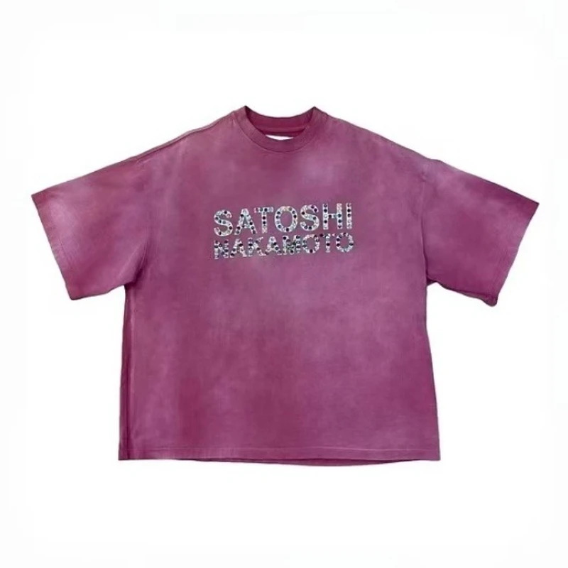 Satoshi Short Sleeve Studded Letter Logo Cotton Men Women High Quality Breathable Street Tshirt