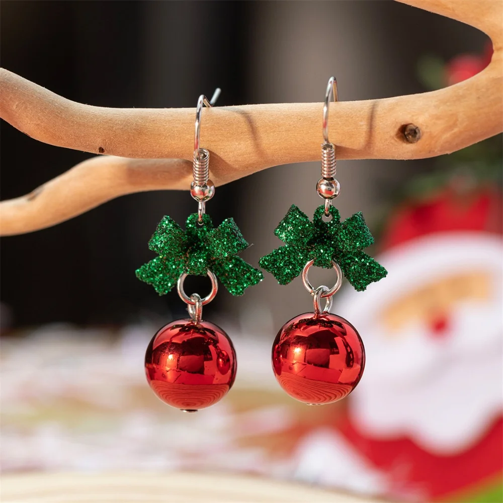 Christmas Red Orb Ear Hook Green Glitter Bow Dangle Earrings For Women Girls Christmas Eve Festivals Party A gift