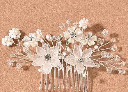 حساسة زهرة الزفاف الذهب الشعر مشط اللؤلؤ والمجوهرات اليدوية الزفاف خوذة النساء الزفاف حفلة موسيقية إكسسوارات الشعر #4