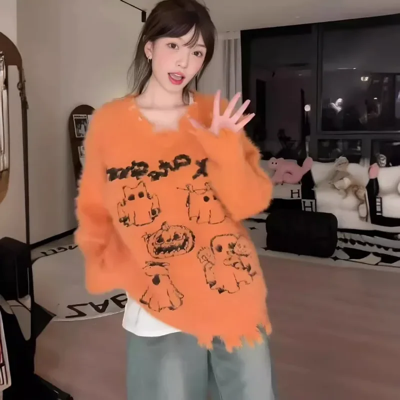 Pullovers Women Pumpkin Color Halloween Atmosphere Couple Knitted Sweaters American Retro Printed Irregular Hem Loose Trendy