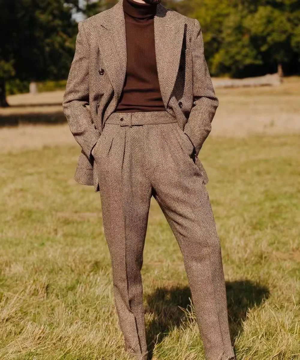 Setelan Jas Pria Herringbone 2 Potong Model Lapel Double Breasted Tuxedo Blazer Celana untuk Pesta Bisnis, Set Jas Jahit Khusus Laris Manis