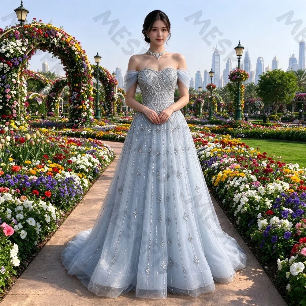 Customized Beaded Strapband Shoulder Evening Dress 2026 Blue Sweetheart A-line Sheer Pleated Lace Ball Gown Suitable for Parties