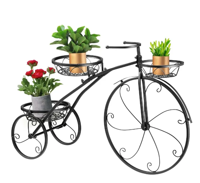 Luxsuite 3-Tier Bicycle Shape Metal Flower Plant Pot Stand Display Rack Black Standing Type Organizer