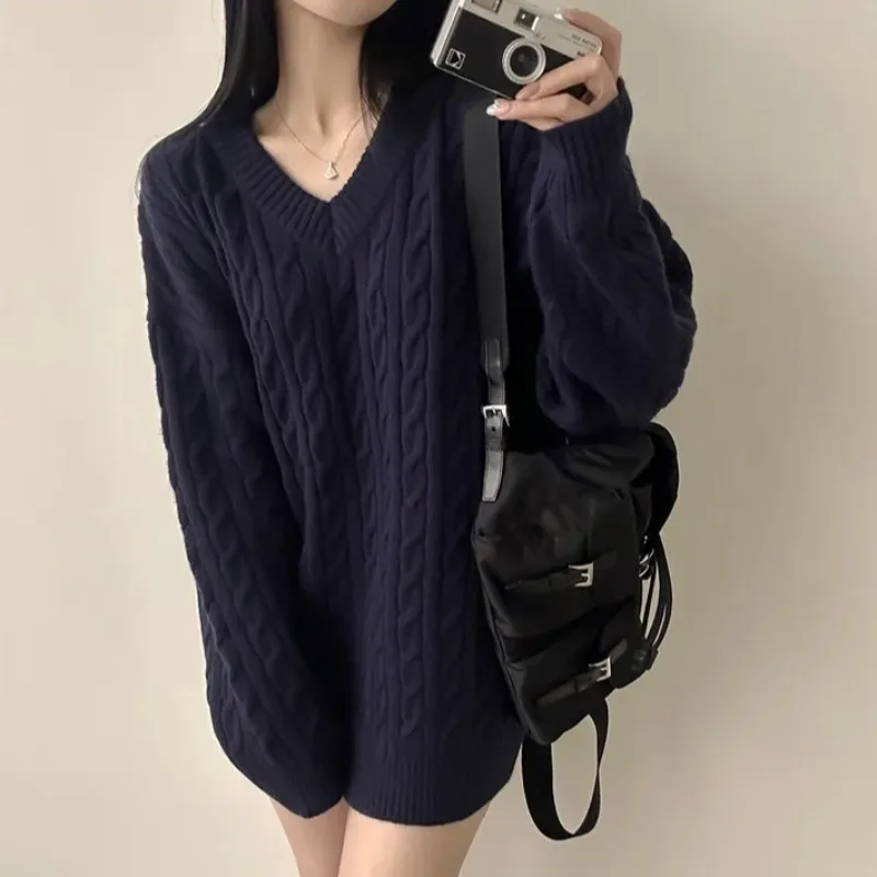 

Шикарный женский вязаный свитер V-Ne средней длины, свободный крой, осенне-зимний модный повседневный универсальный топ с канавкой