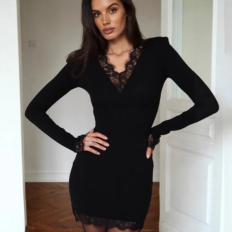 

Ticketsx Lace V Neck Mini Dress Fashion Sexy Patchwork Slim Women Dress Autumn Solid Elegant Female Date Party Clubwear Vestidos