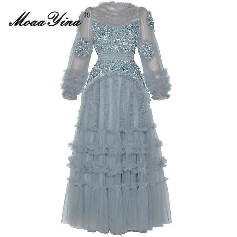 MoaaYina Women's Gorgeous Perspective Mesh Stereoscopic Glitter Waist Collection Puff Mesh Pendant Dress Long Dress