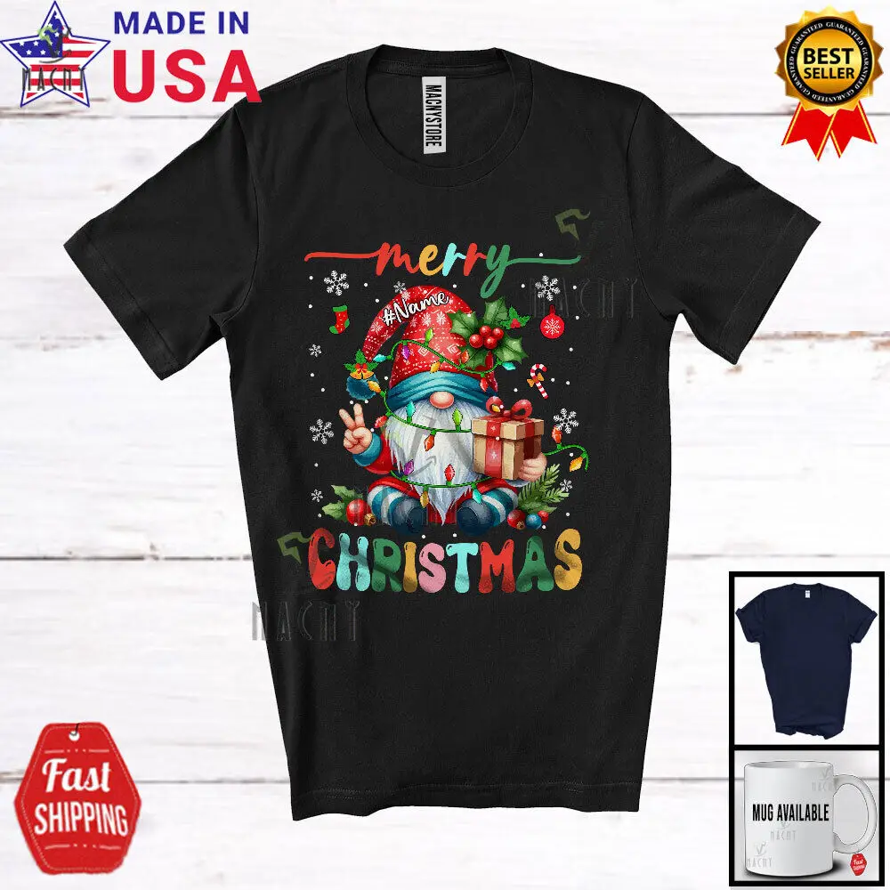 

Merry Christmas; Adorable X-mas Lights Custom Name Gnome; Joyful Family T-Shirt