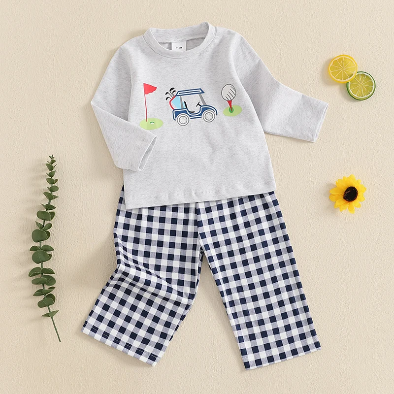 

Adorable Baby Boys Girls Autumn Clothing Set with Cute Animal Print Tee and Checkered Trousers for a Stylish Look