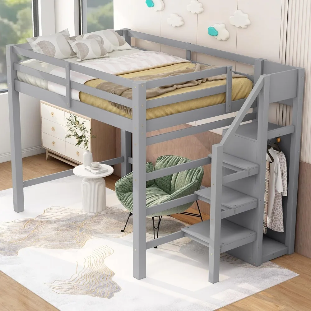 Bellemave Full Loft Bed with Stairs Wooden Loft Bed Frame with Storage Bookcase and Wardrobe Gray Loft Beds, for Dorm Bedroom