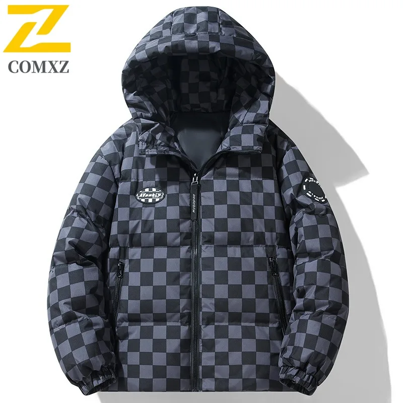 

COMXZ 2025 New Men White Duck Down Jacket Loose Hooded Short-Style Trendy Brand Fashion Outerwear Daily Street color block Coat