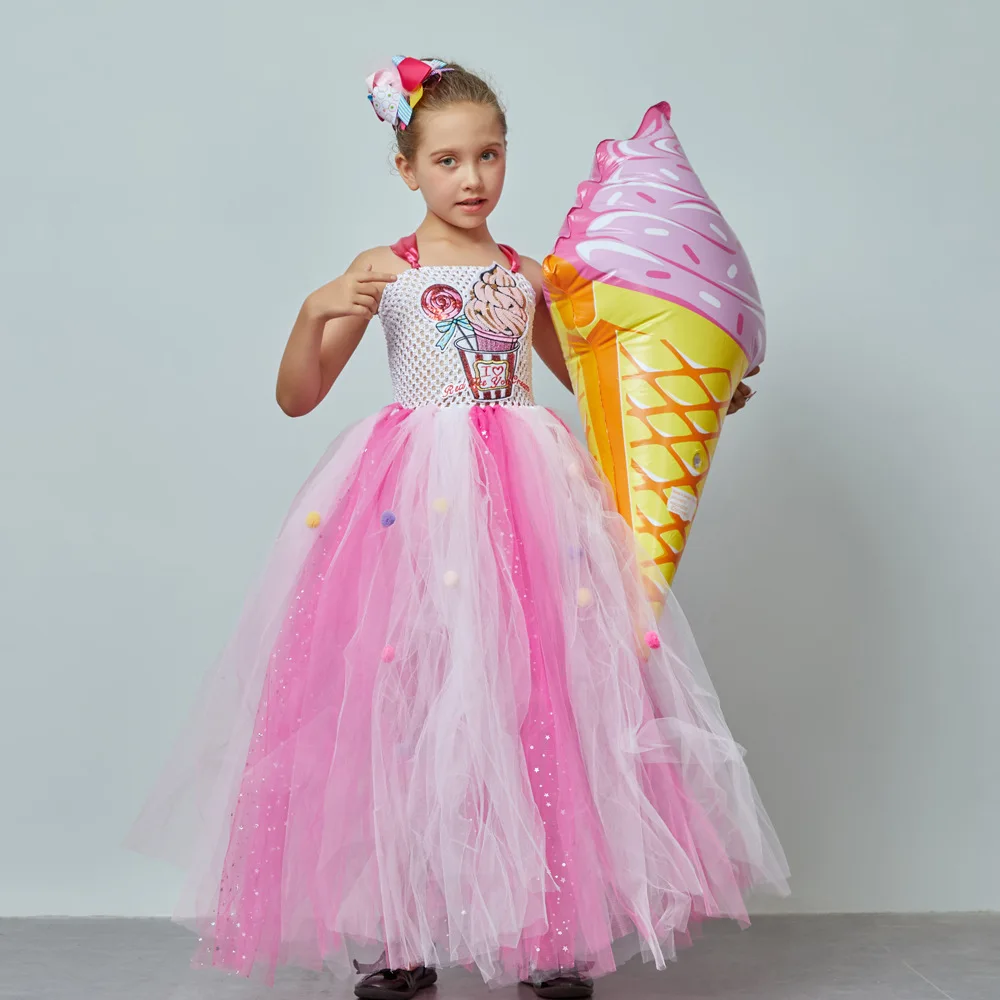 Halloween Girls Ice Cream Long Tulle Tutu Dress Kids Princess Mesh Stage Performance Outfit Children Holiday Banquet Long Attire