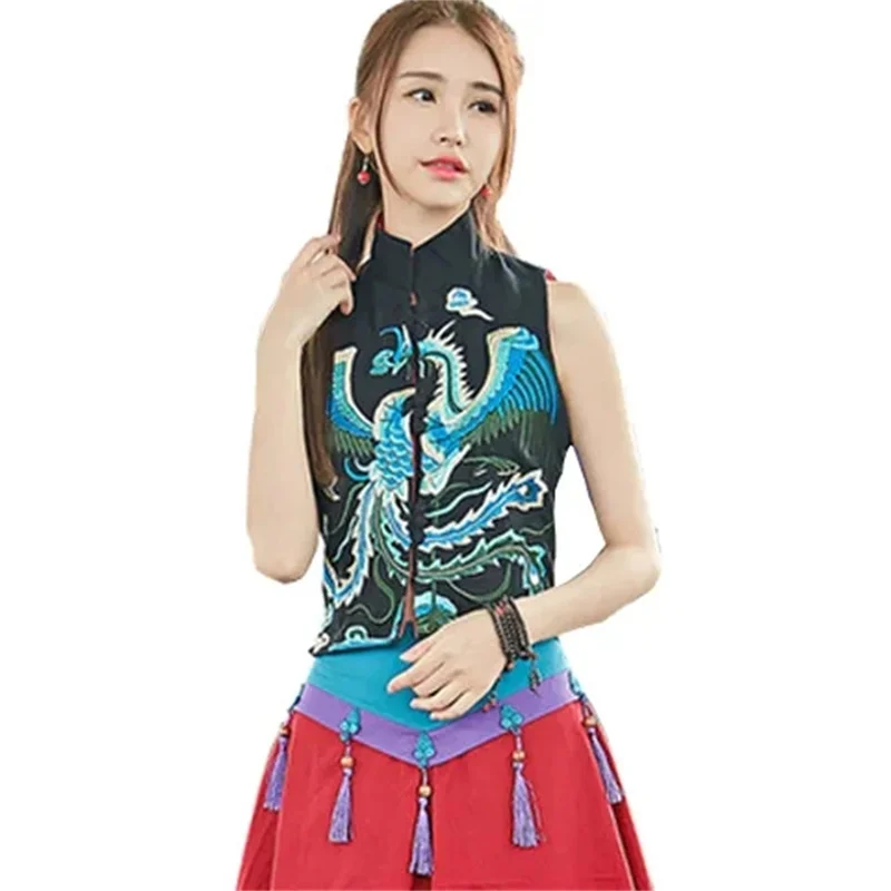 Women's Vest Women's Jackets  Waidai Vest Autumn Dress Stand Collar Tang Suit National Wind Embroidery Flower Short Vest Woman