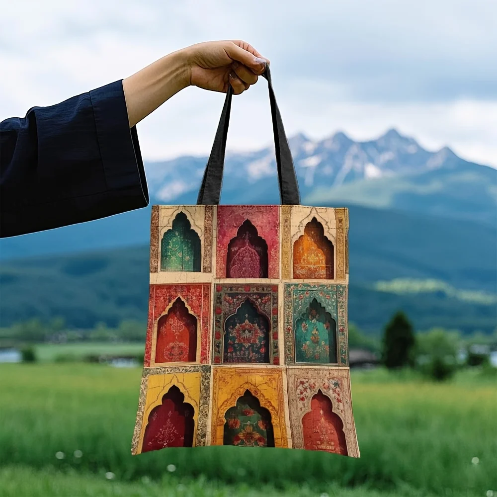 1個 イスラム教モスクプリントトートバッグ - 頑丈なポリエステルキャンバス、アラビアのアーチとイスラム美術デザイン、レッド/ゴールデン/グリーン/ブラック